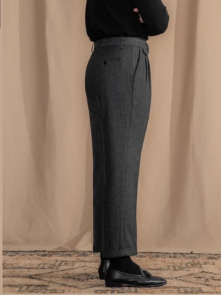 Italian Vintage Suit Pant For Men Autumn Winter Wool Herringbone Pattern Straight Trousers British Style Business Casual Pants