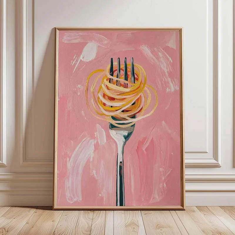 Spaghetti Pasta Fork Pink Poster Art Print Abstract Food Artwork Canvas Painting Wall Picture for Kitchen Dining Room Decor