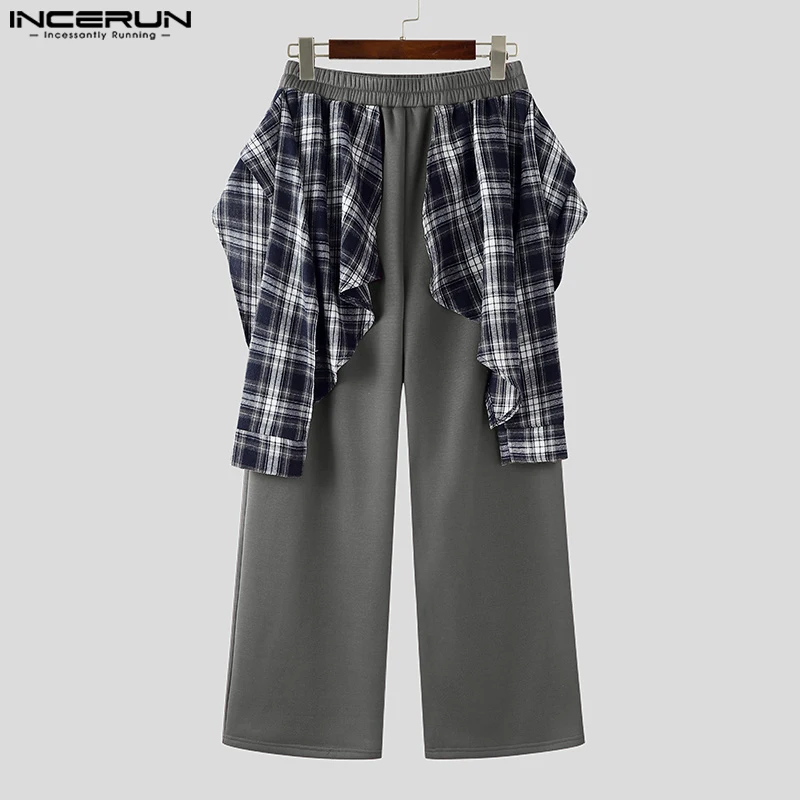 INCERUN 2024 Koreanischen Stil Hosen Mode Männer Gefälschte Zwei-stück Plaid Spleißen Rock Hosen Casual Streetwear Persönlichkeit Pantalons