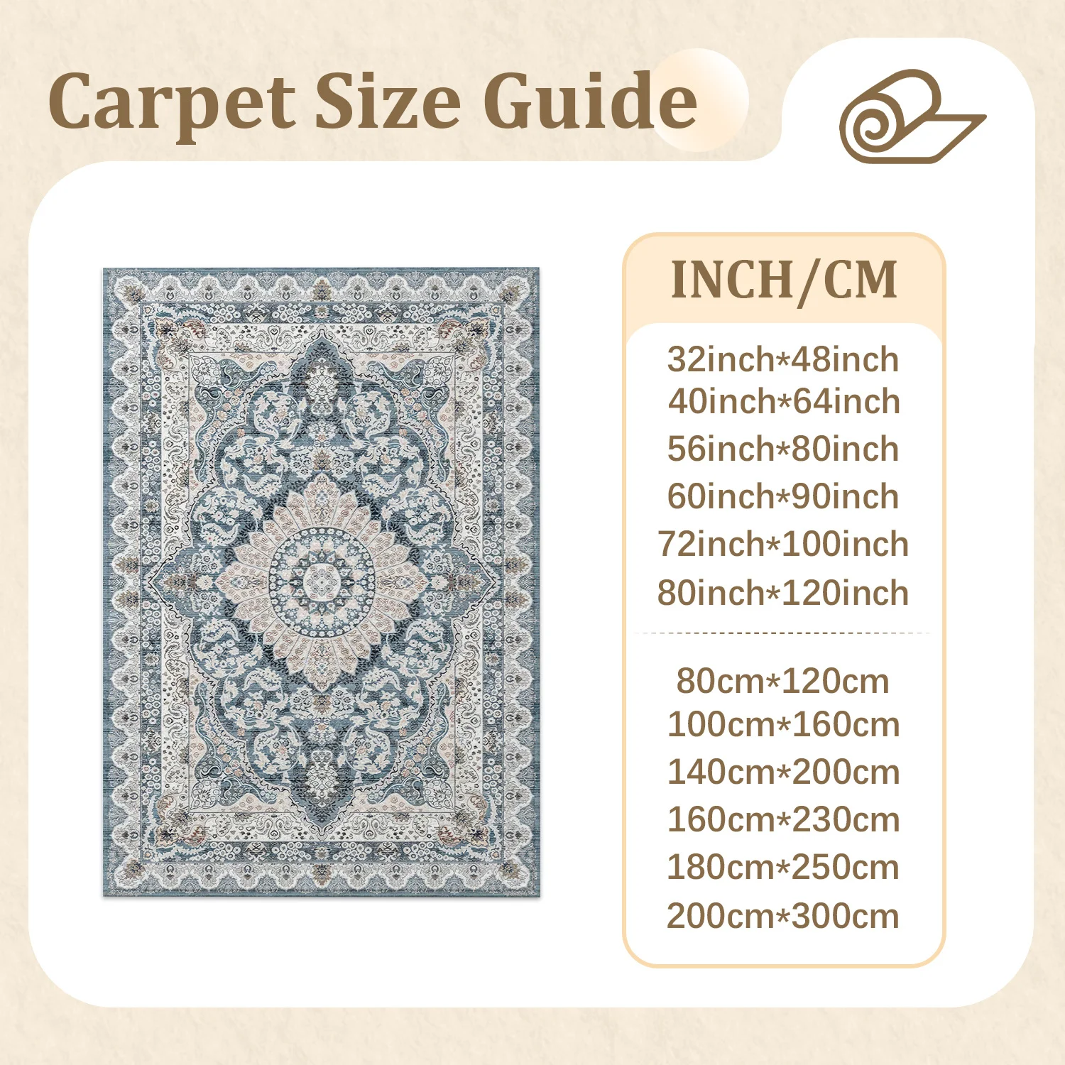 Large Indoor Area Rug, Soft Velvet Low Pile Rug with Non-slip Dotted Backing, Machine Washable Vintage Medallion Distressed Blue Cream Rug for Living Room, Bedroom, Entryway