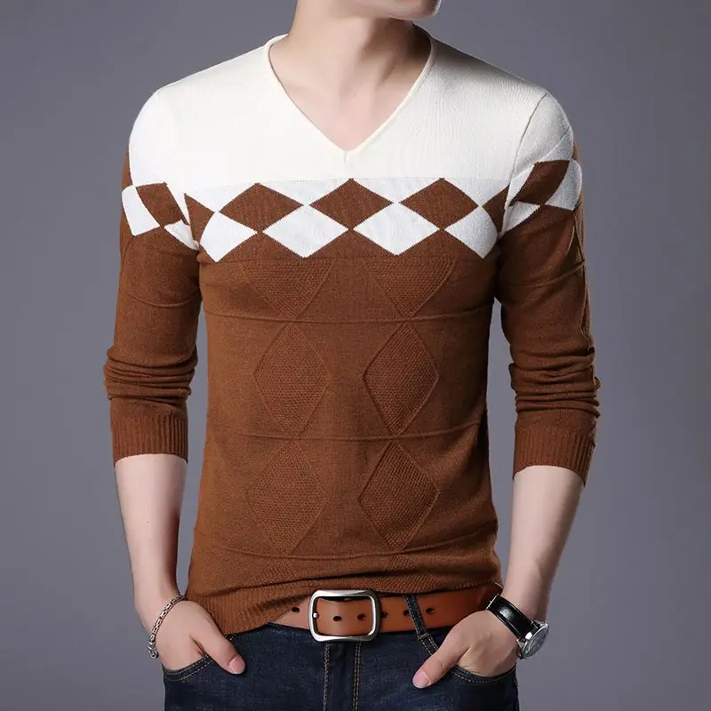 Autumn Winter New Men V-neck Pullover Sweaters Plaid Casual Korean Clothing Tees Fashion Slim Long Sleeve Bottoming Knitted Tops