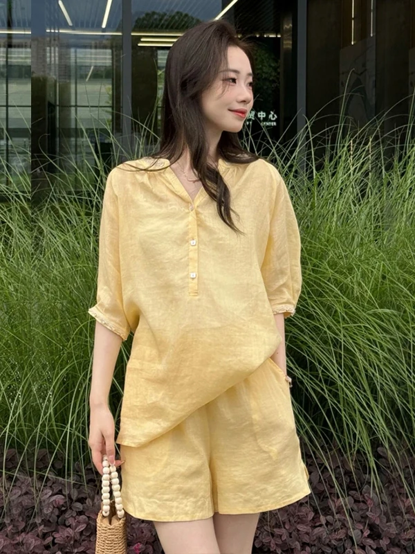 Anti-Aging Small Size Women's Linen irt And orts Set Summer Faionable Casual Wear V-Ne ort Sve Two-Piece Suit