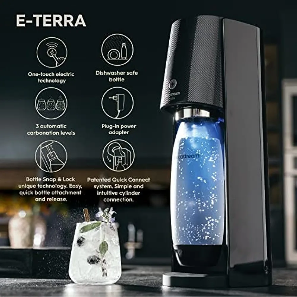 SodaStream E-TERRA Sparkling Water Maker Bundle (Black), with CO2, Carbonating Bottles, and bubly Drops Flavors