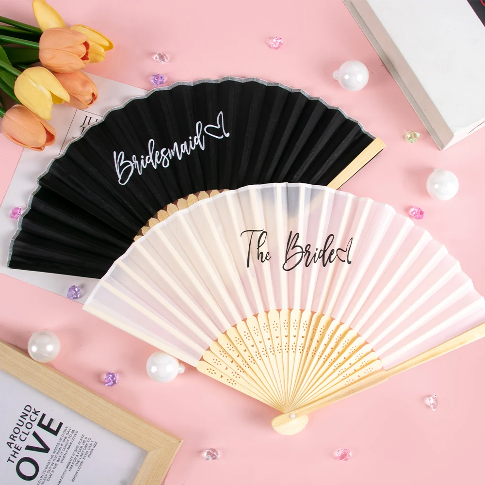 White Black Bamboo Folded Hand Fan Handheld Fans Bridal Shower Bridesmaid Gifts Wedding Party Bride Engagement Party Supplies