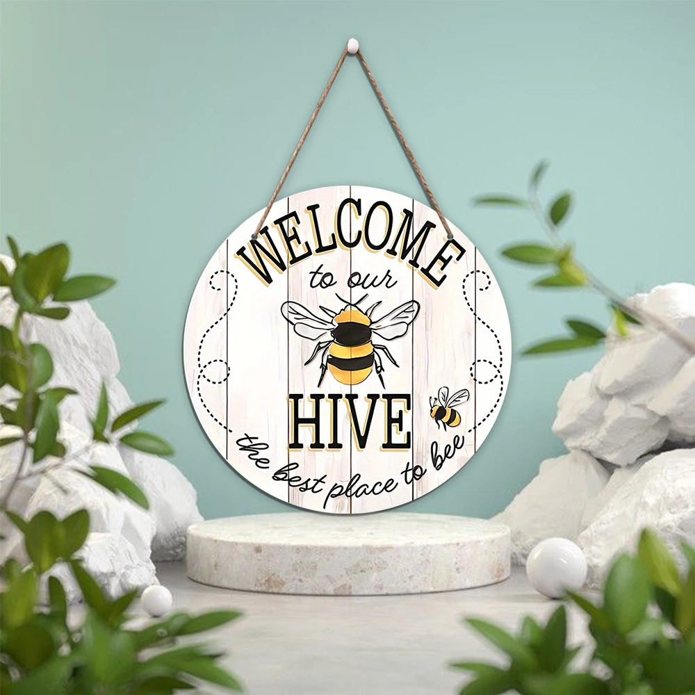 1Pc Bee Welcome To Our Hive Wood Hanging Sign For Home Garden Decor,Rustic Round Wooden Wall Hanging Plaque Sign For Outdoor Dec