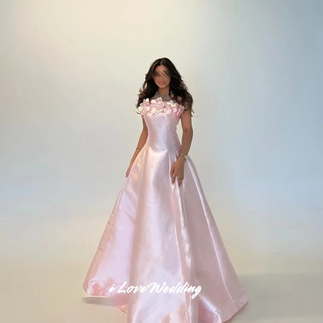 

Pink Strapless Evening Dresses 2025 Sleeveless 3D Flower A-Line Pleated Floor-Length Prom Dresses Wedding Party Dress Customized