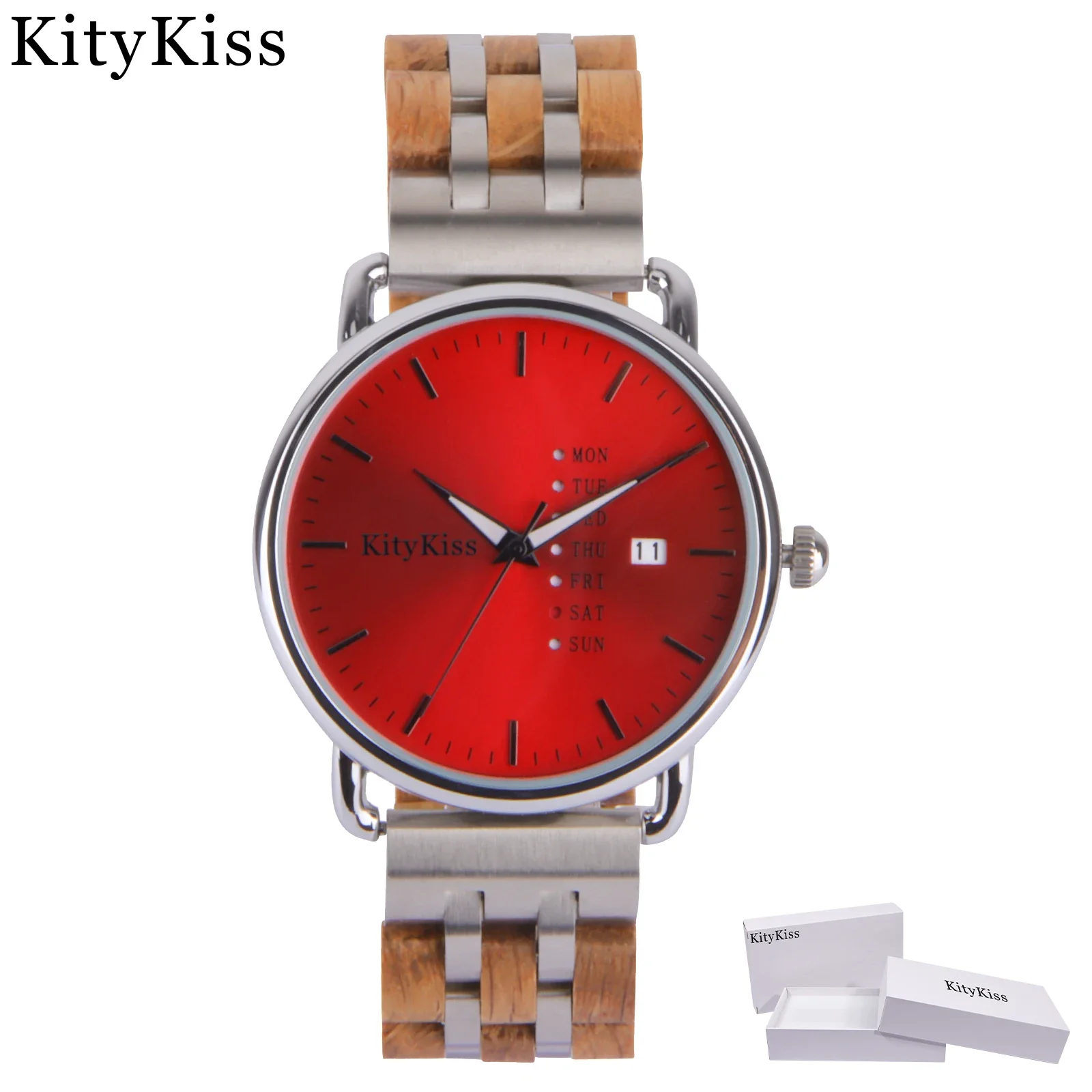 KityKiss Reloj fino de madera resistente al agua, reloj de cuarzo con fecha semanal para hombres y mujeres, aleación combinada con reloj de madera, embalaje de regalo