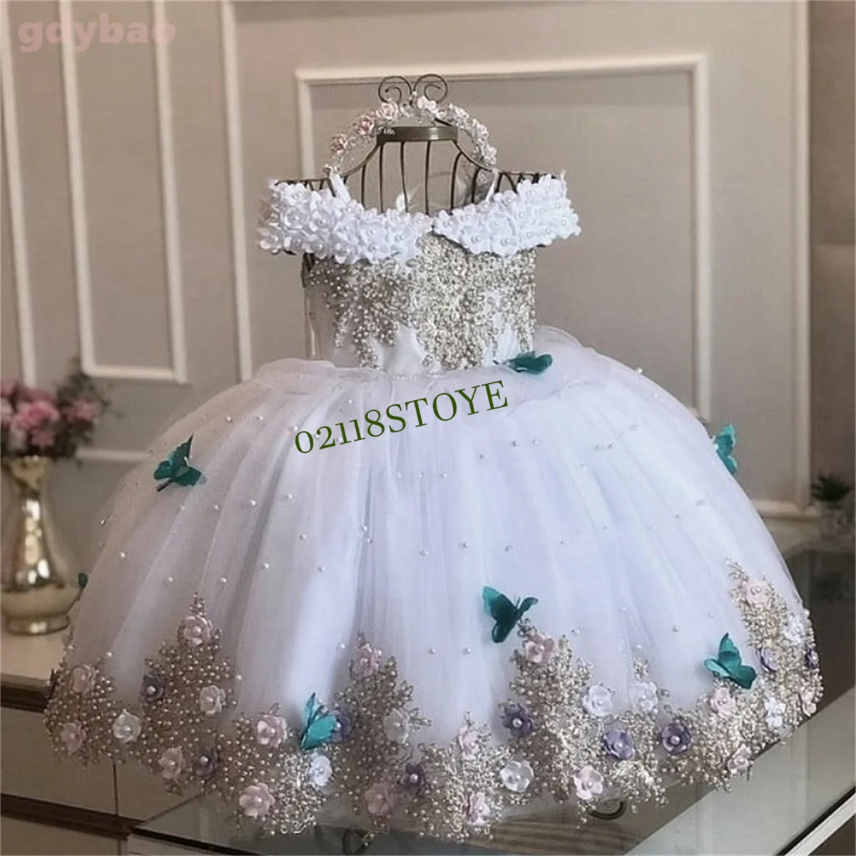 CusLace Flower Girl Dress Baby Girls Dresses Off Shoulder Pearls Lace Butterflies Flower Girl Dress Infant First Birthday Party