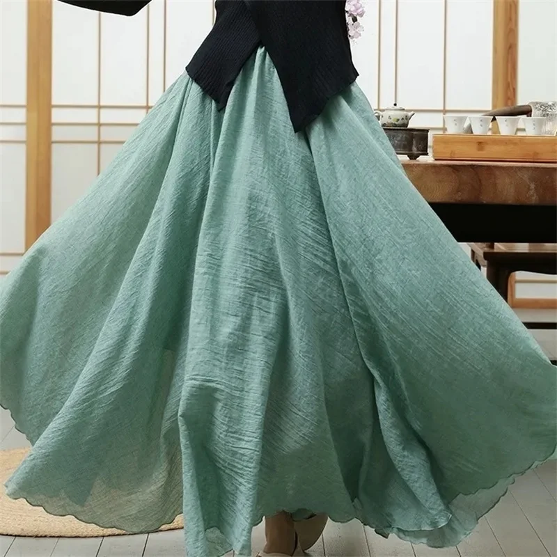 

Женская хлопково-льняная макси-юбка с высокой талией, женская двухслойная юбка средней длины для отдыха, новые женские универсальные длинные юбки в китайском стиле