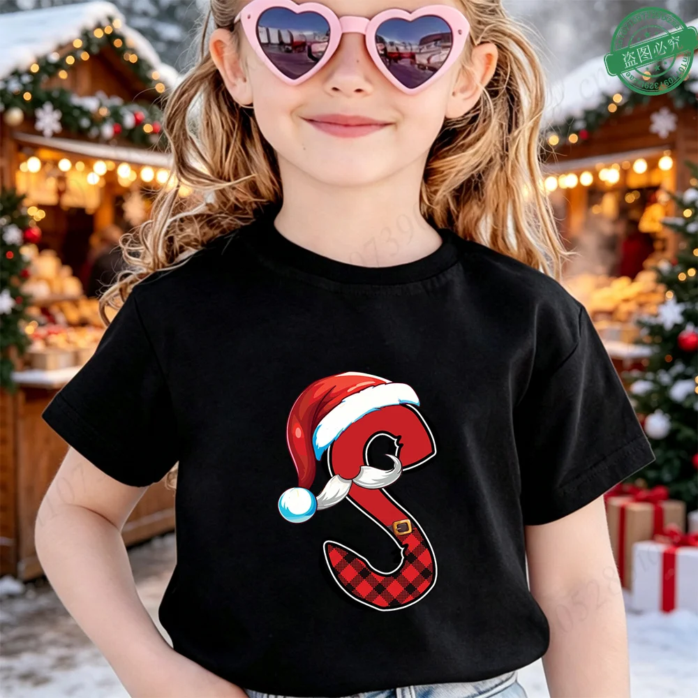 Boys Girls Xmas Party Kids Tee Festive Plaid Santa‑Style A‑Z 26 Letter Christmas Graphic Cotton Short Sleeve Casual Children Top