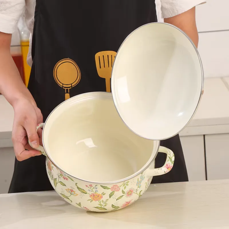 Enameled Soup Pot Korean Large Capacity Kitchen Cookware Thickened Deepening with Lid Household Enamel Pots