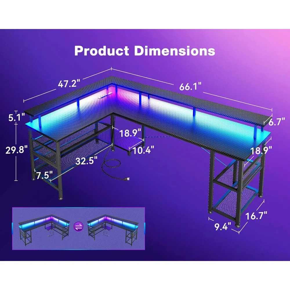 مكتب ألعاب على شكل حرف L بتصميم من ألياف الكربون ومخرج طاقة وإضاءة LED #3
