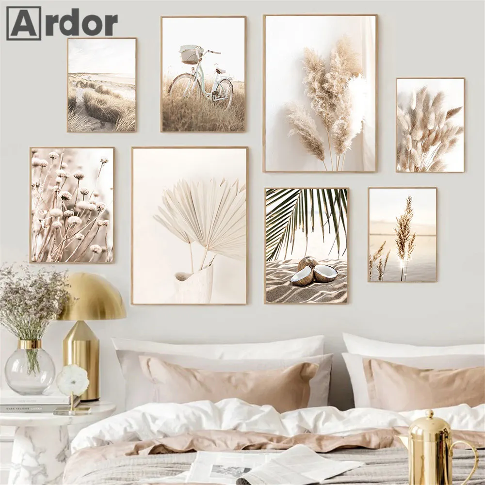 Beige Leaf Reed Posters Beach Canvas Print Dried Flower Art Poster Dandelion Prints Painting Nordic Wall Pictures Bedroom Decor