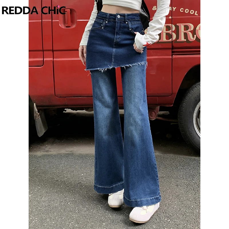 ReddaChic Solid Casual Wrap Skirt Denim Pants for Women Street Retro Frayed Fake Two-Piece High Rise Bootcut Jeans Everyday Wear