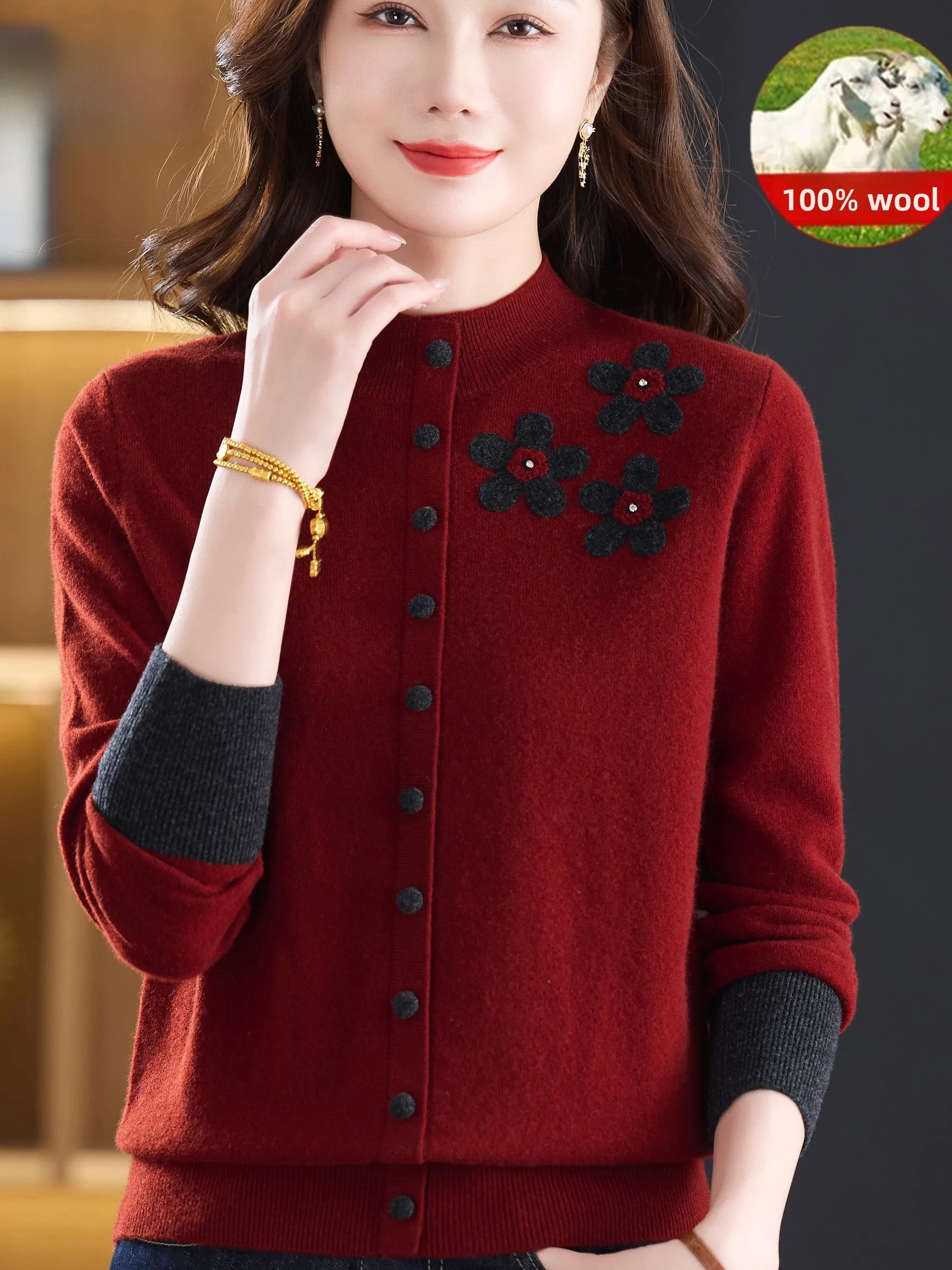 

Осенне-зимний женский свитер из чистой шерсти 00 с вышивкой и высоким воротником, трикотаж Sli для мамы среднего возраста, легкая основа...