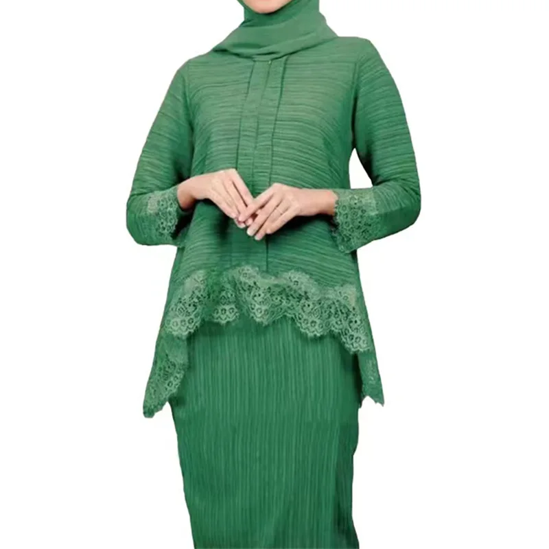 Women Muslim Long Sleeve Lace Tops Maxi Skirt 2 Pieces Set Dubai Turkey Outfits Eid Ramadan Islamic Clothing Abaya Kaftan Dress