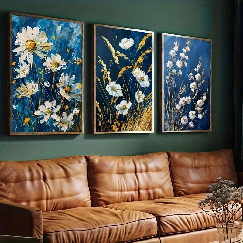 Frameless Canvas Painting 3pcs  Canvas Posters Featuring Vibrant White Golden Floral Artwork for Gallery Studios Living Room Hom