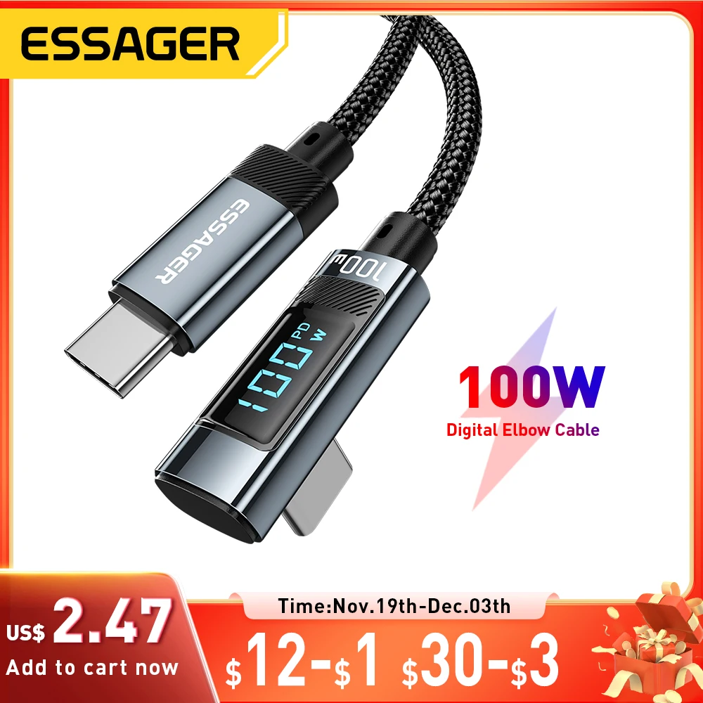 

Essager PD100W USB C to Type C Cable Fast Charging Cable 90 Degree Elbow With Display For Iphone 15 Huawei Samsung Macbook Pro