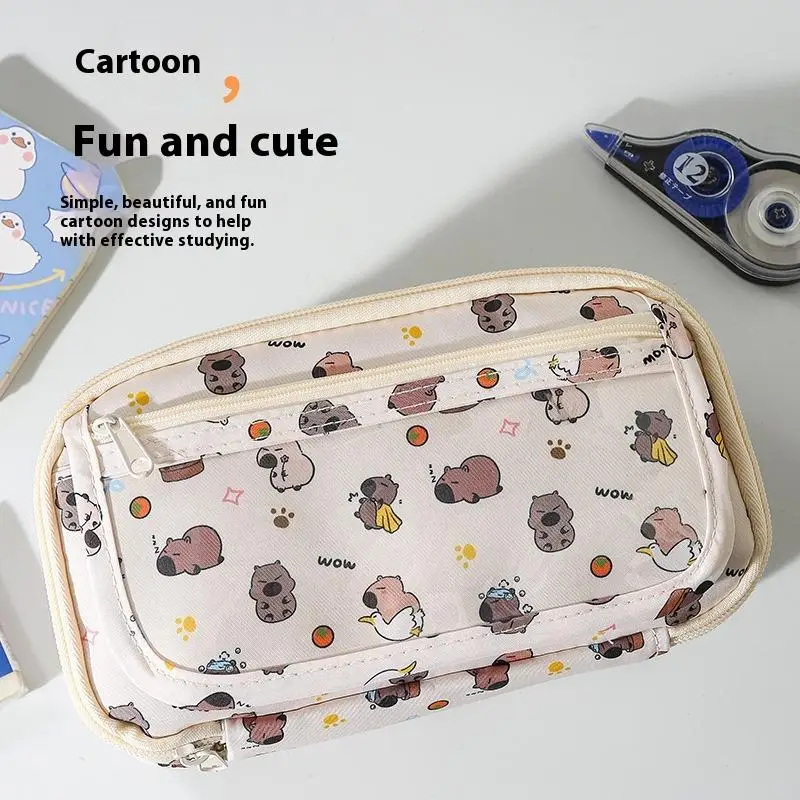 Sac de rangement de papeterie scolaire de grande capacité, 1 pièce, boîte à crayons, trousse à crayons de dessin animé Kapibara avec rabat