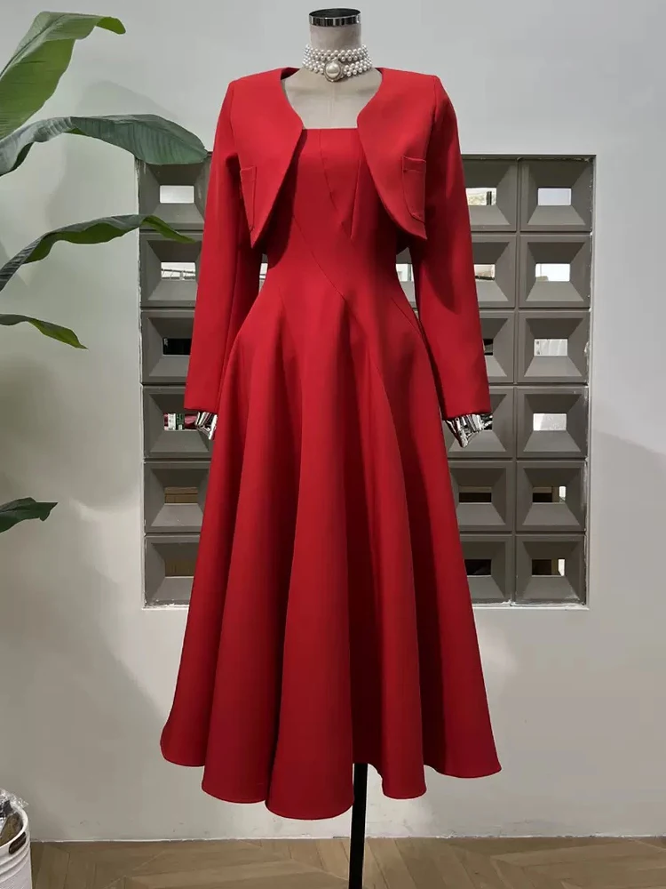 Spring and autumn 2025 new women's dress solid color long sleeve jacket +A word fluffy sling dress fashion two-piece suit.