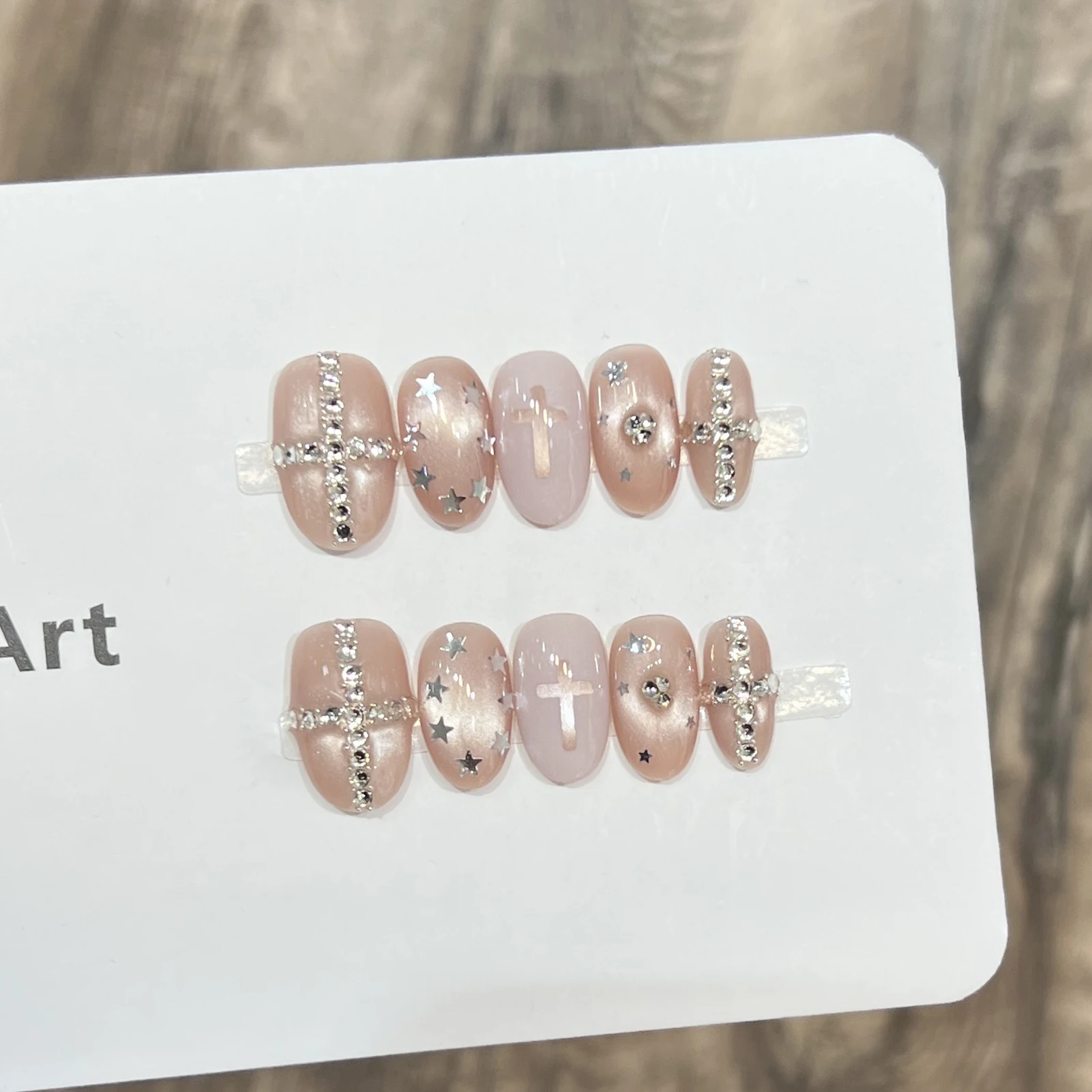 Faux ongles ovales courts en verre œil de chat, avec strass croisés, à pression brillante, pour fête, mariage, usage quotidien, 10 pièces