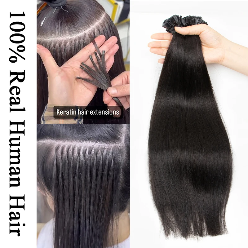 VADES K Tip Hair Extensions Human Hair Keratin Pre Bonded Hot Fusion Nail Tip Balayage Natural Silky Straight Extensions 50G