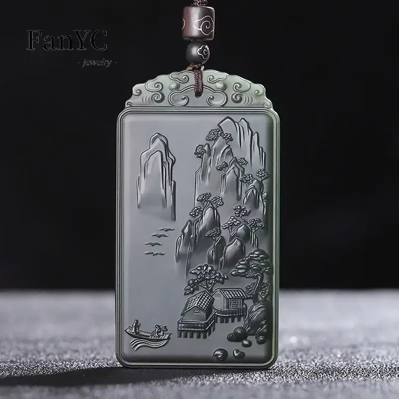 

Natural Hetian Jade Qingyu Landscape Brand Pendant New High-grade Double-sided Carving Fashion Necklace Gift for Men and Women