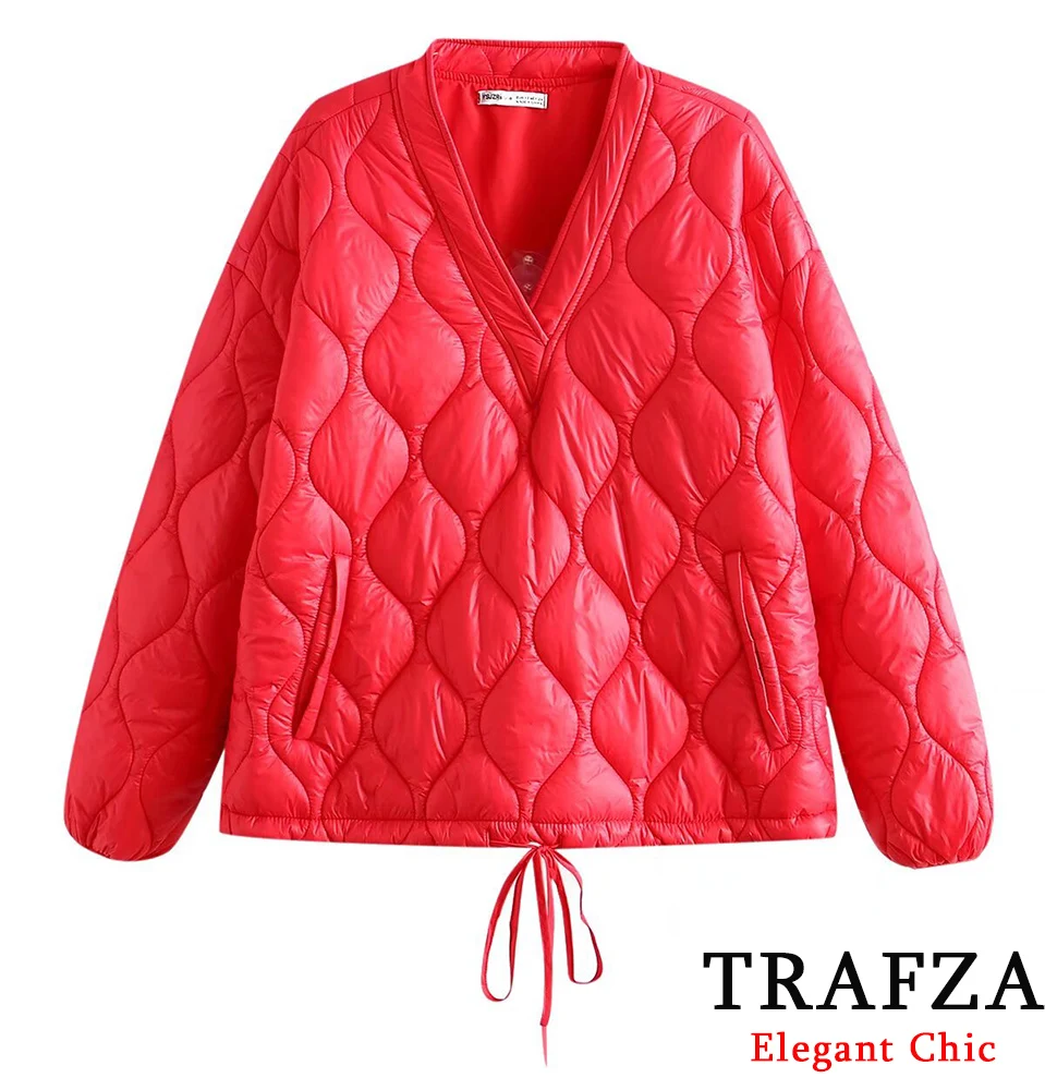 

TRAFZA Women Casual Red V-Neck Long Sleeve Padded Pullover Jacket New 2025 Autumn Winter Fashion Commuter High Street Jacket
