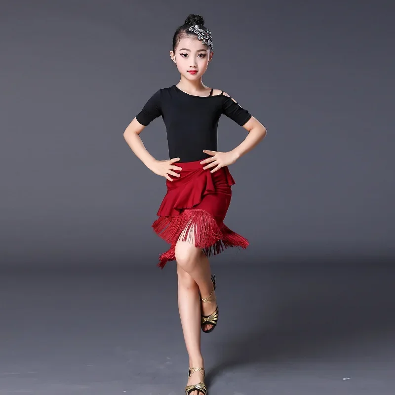 Костюмы для латинских танцев для девочек, детские летние топы с короткими рукавами и юбка с кисточками для практики, профессиональная танцевальная одежда для сцены