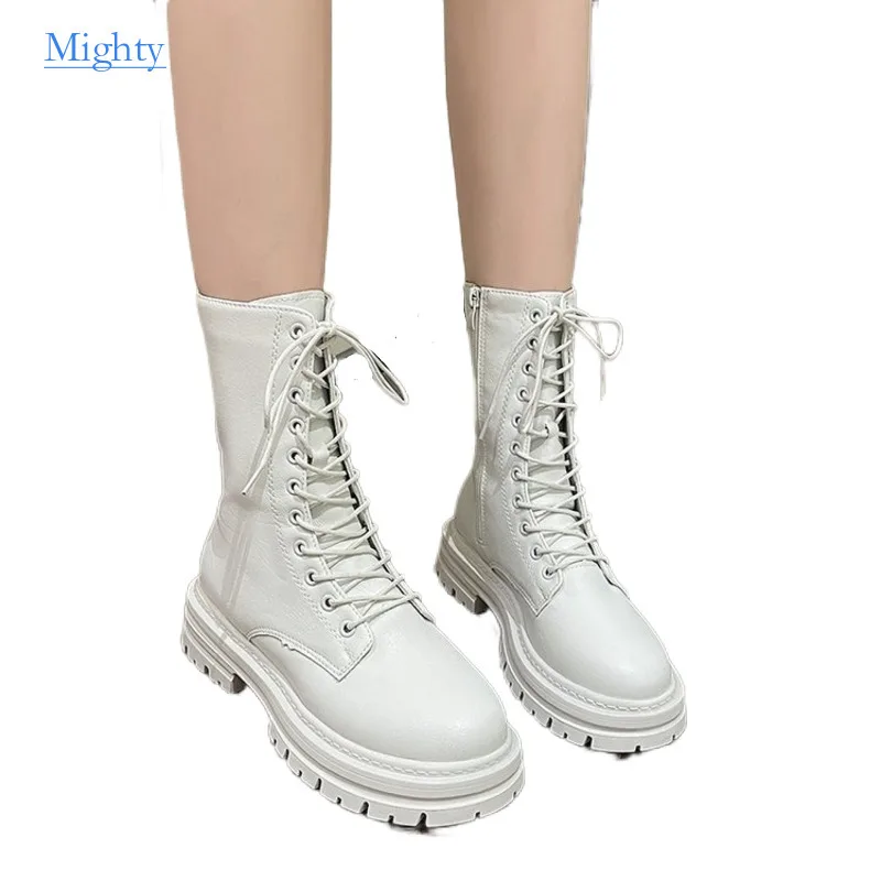 

Plus Size Mid-tube Lace-up Leather Platform Boots Women 2024 Autumn Winter Thick Soled Small Motorcycle Ankle Snow Female Shoes