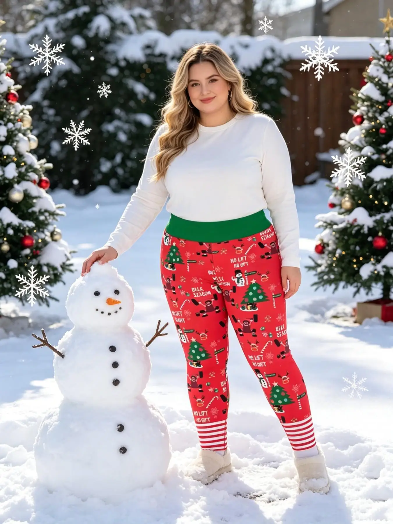 Best-selling plus-size women’s trousers for Christmas featuring Santa, snowflake, gingerbread man and sweet-themed cartoon print