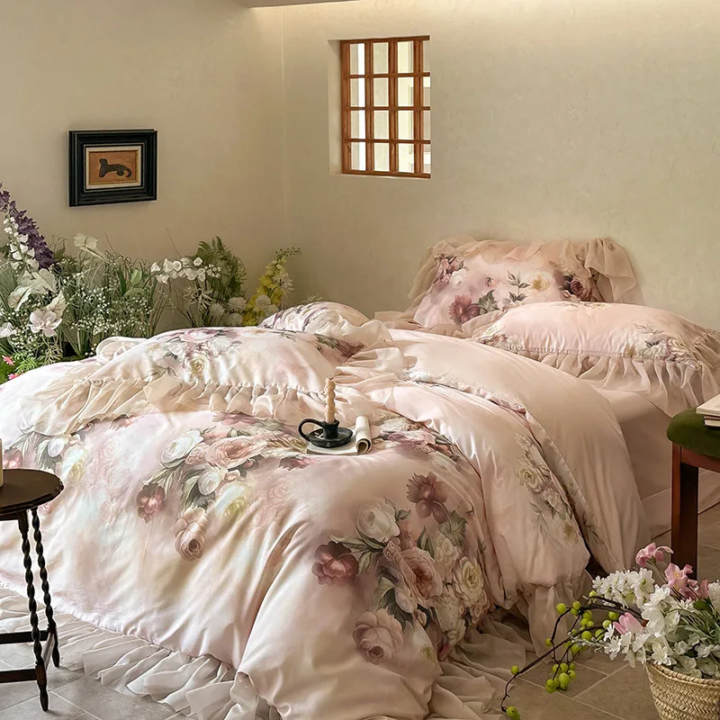 Ultra Soft Breathable Cotton Lyocell French Flowers Lace Summer Cooling Bedding set (1Duvet Cover+1Flat Bedsheet+ 2Pillowcases)