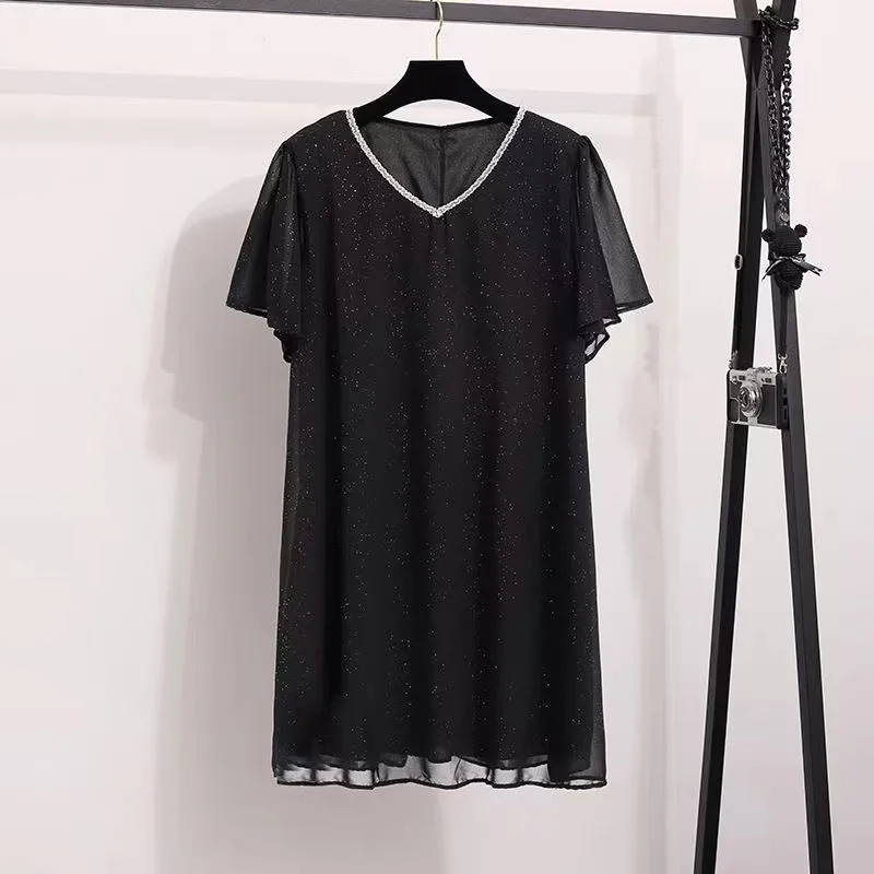 Women Large Plus Size XL-5XL Loose Chiffon Mini Dress Short Sleeve O Neck Jacquard Sequin Black Dresses 2023 New Summer Clothing