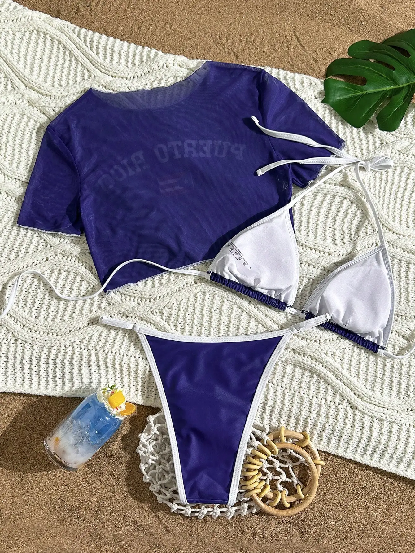 

Blue And White Puerto Rico Themed 3-Piece Swim Set With Sheer Mesh Top And Adjustable Triangle Bikini