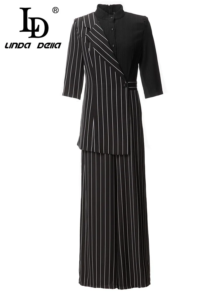 

LD LINDA DELLA 2024 Summer Fashion Designer Jumpsuits Women Stripe Print Irregular Button Round Neck Commuter Office Trouser