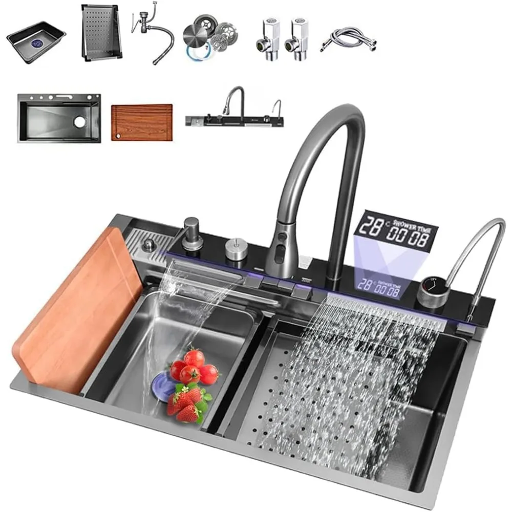 العرض الرقمي حوض مطبخ واحد تنقش الأخدود الكبير 304 الفولاذ المقاوم للصدأ نانو الأسود المطر شلال بالوعة مع الضغط