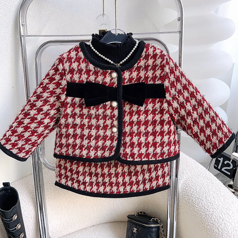 

New Children's Clothing Girls' Set Winter New Cotton-Padded Bowknot Jacket and Short Skirt Two-Piece Set