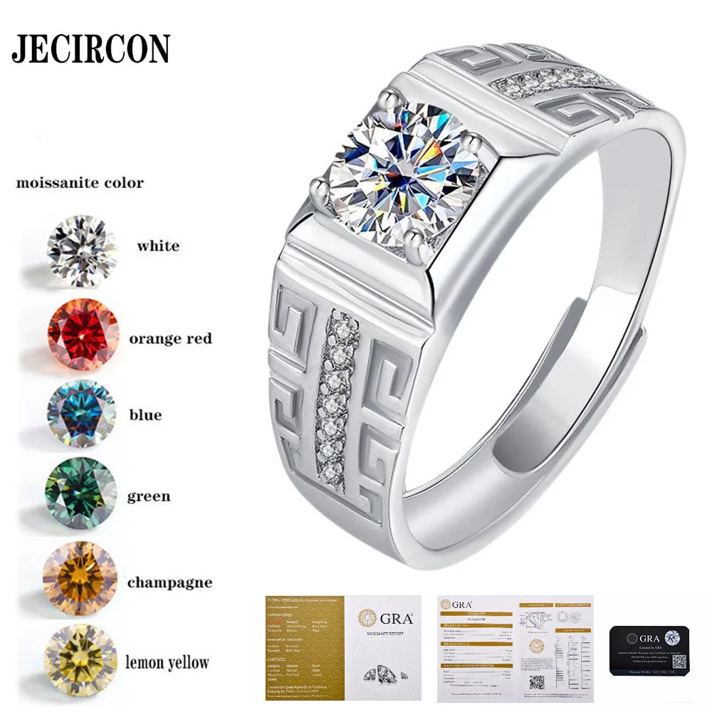 

JECIRCON S925 Sterling Silver 1ct Moissanite Ring for Men Princess Moissanite Simple New Style Diamond Ring Opening Adjustable