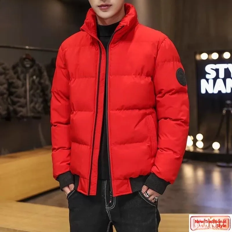 

Men's Casual Thiened Stand Collar Cotton Jaet Winter Warm Windproof Red Coat Comfortable Loose Fit Regular Thin