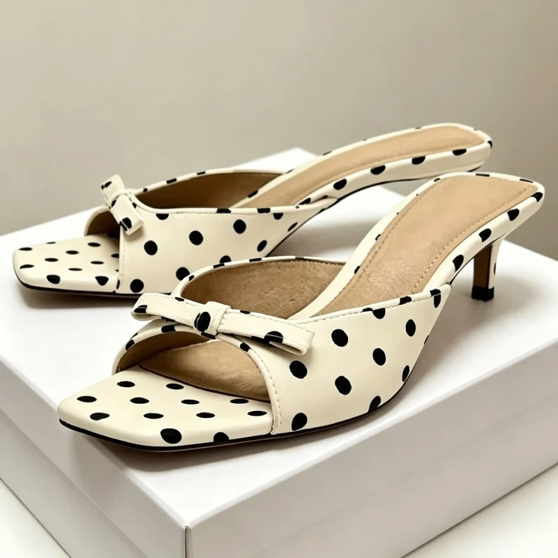 

Polka Dot Bow Square Toe Women Slippers Sweet Backless Women's Shoes Tops Stiletto Heel Slides High Quality Heeled Sandals Women