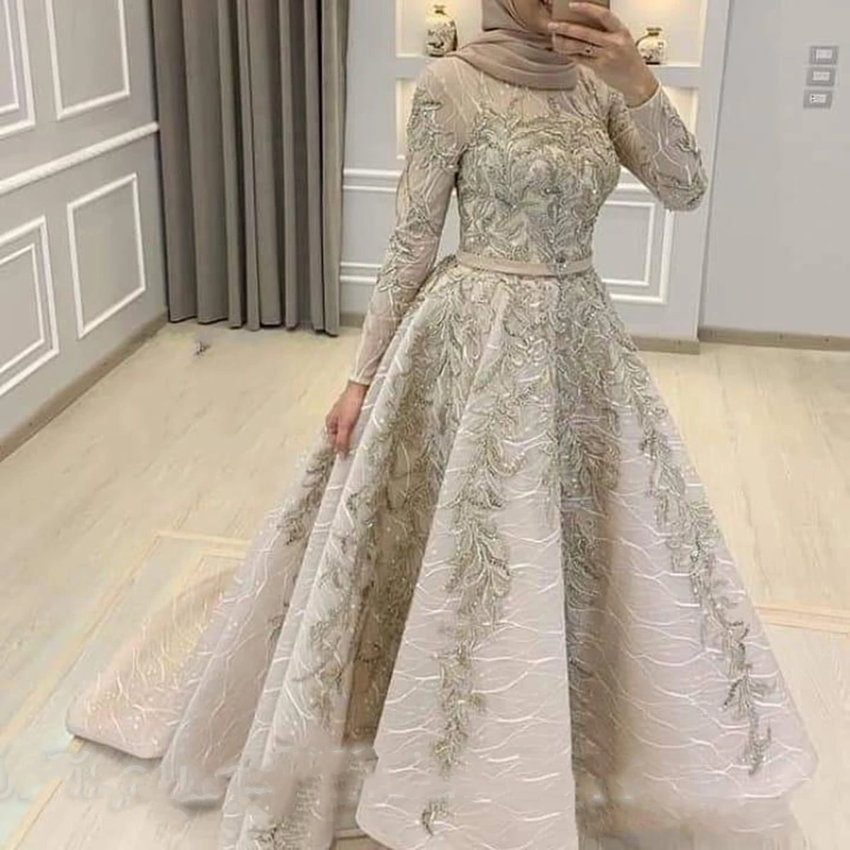 Long Sleeve Beading Beads Party Dress Ankle Length O Neck Applique Prom Ball Gown Belt Embroidery Lace Evening Cocktail Dresses