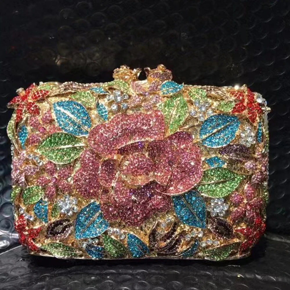 

New Multicolored Diamond Formal Women Evenening Cluch Floral Crystal Wedding Bridal Bag Luxury Girls Dinner Party Phone Purses