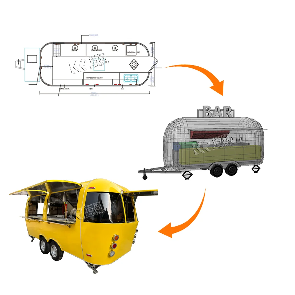 ห้องครัวเคลื่อนที่ Airstream รถบรรทุกอาหารอุปกรณ์ครัวเต็มรูปแบบ Street Fast Food Trailer Snack Hot Dog Cart