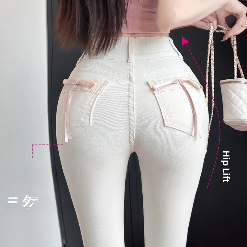 

Джинсы с высокой талией и узлом «Сердечко», на флисовой подкладке, розовые, с кружевом, с эффектом подтяжки ягодиц, повседневные, в уличном стиле