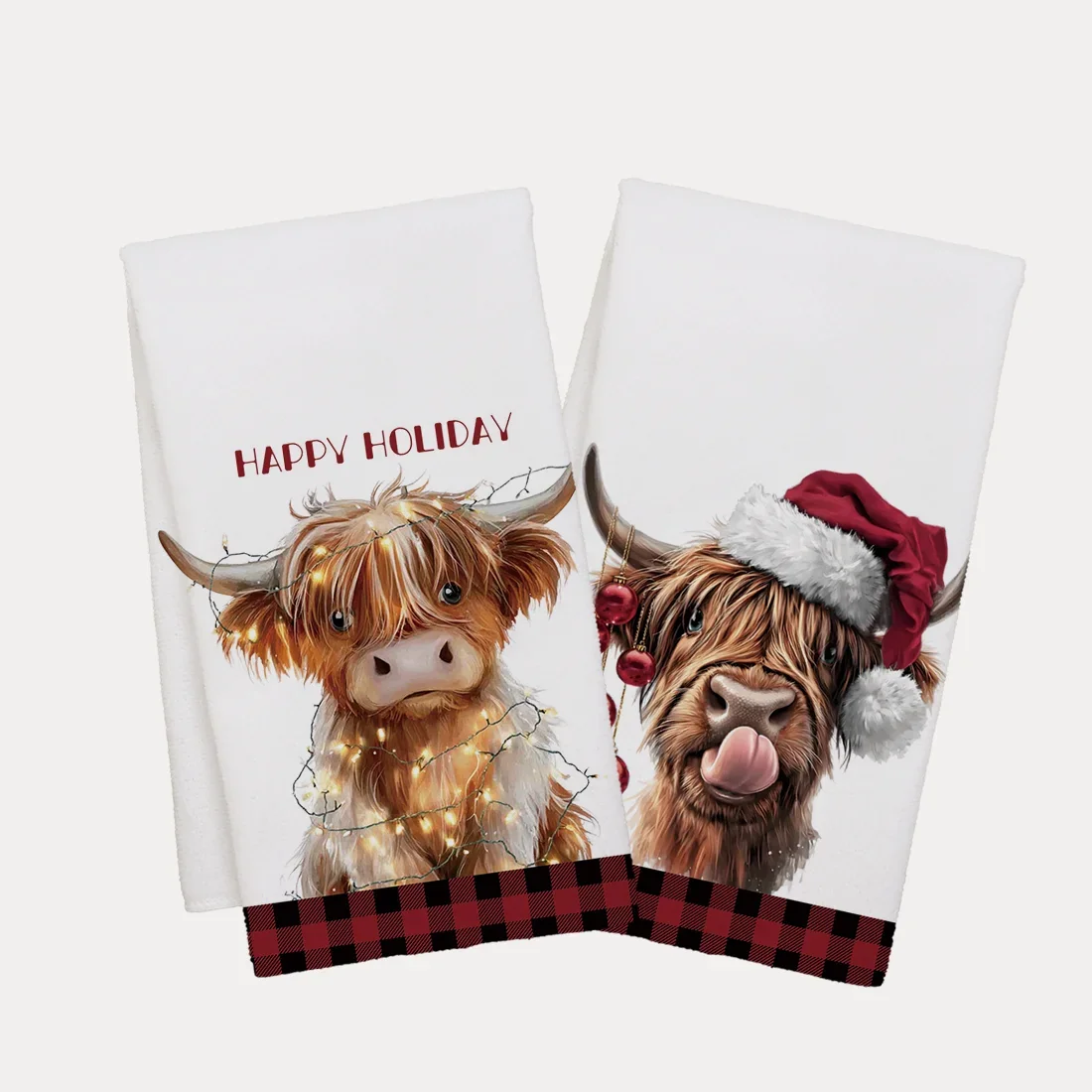2pcs 40x60cm Kitchen Dishcloth Tea DishTowel Santa Hat Highland Cow Red Plaid Wash Cloth Gifts Dish Cloth Towel