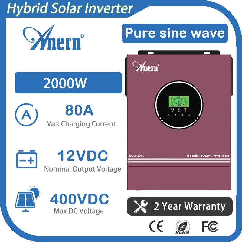 Anern 2000W inverter solare ibrido 220V 12V 400VDC inverter monofase a onda sinusoidale pura con regolatore di carica solare MPPT 80A