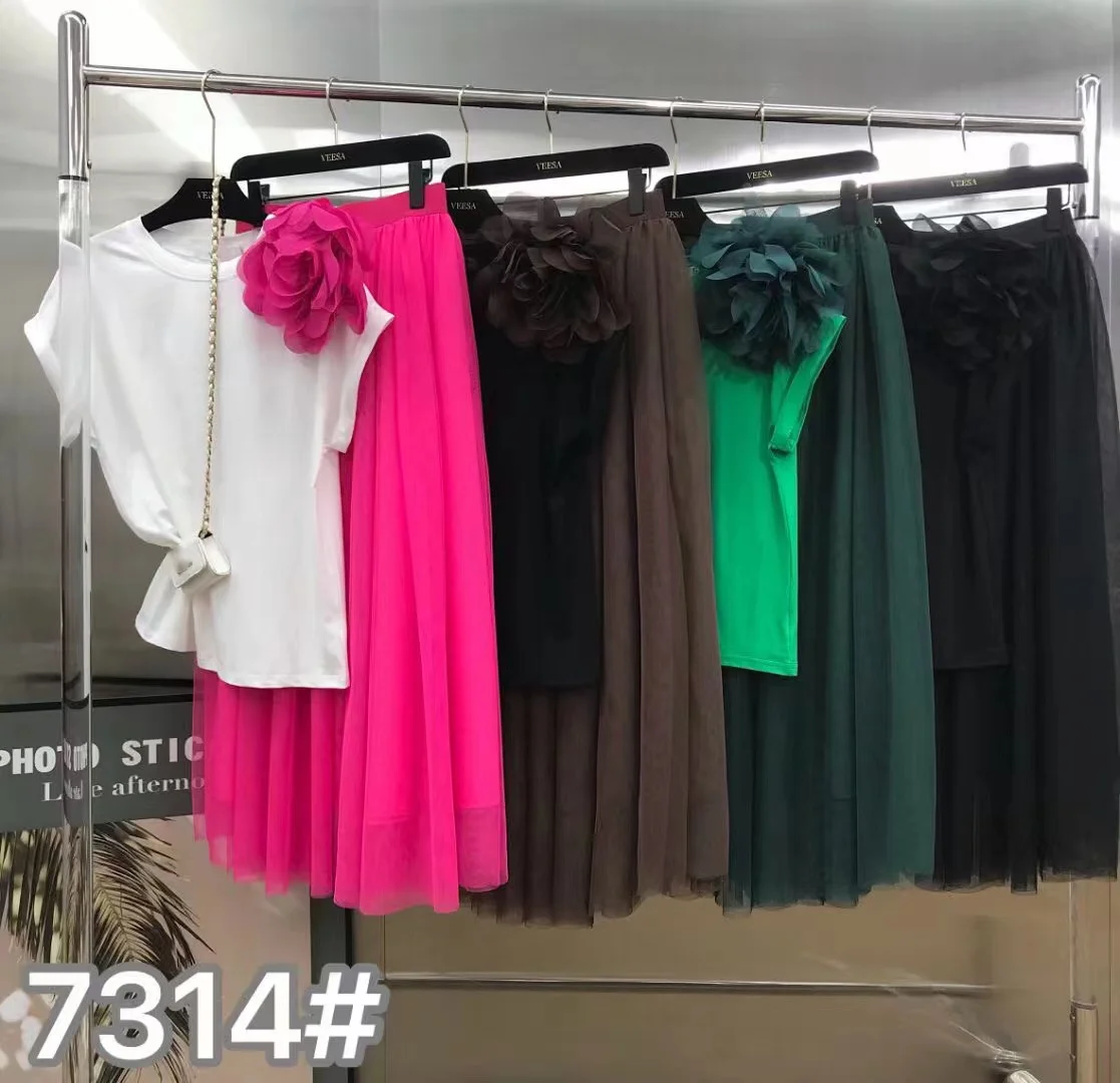 Conjunto de vestido feminino de duas peças, ponto flor, manga curta, top de algodão, cintura elástica, saia longa para férias, roupas de praia para o verão, 2024