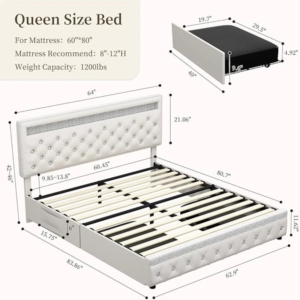 Led Bed Frame with 2 Drawers, Modern Metal Platform Bed Frames Queen Size with Storage, Adjustable Height Crystal Button