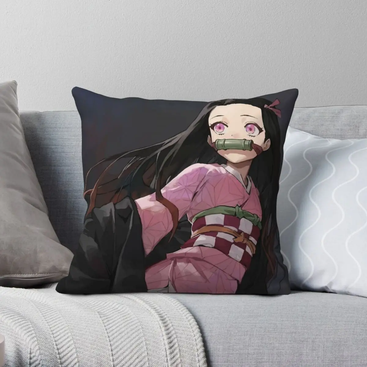 Nezuko Kamado Demon Slayer Square Pillowcase Polyester Linen Velvet Pattern Zip Decor Pillow Case Room Cushion Cover