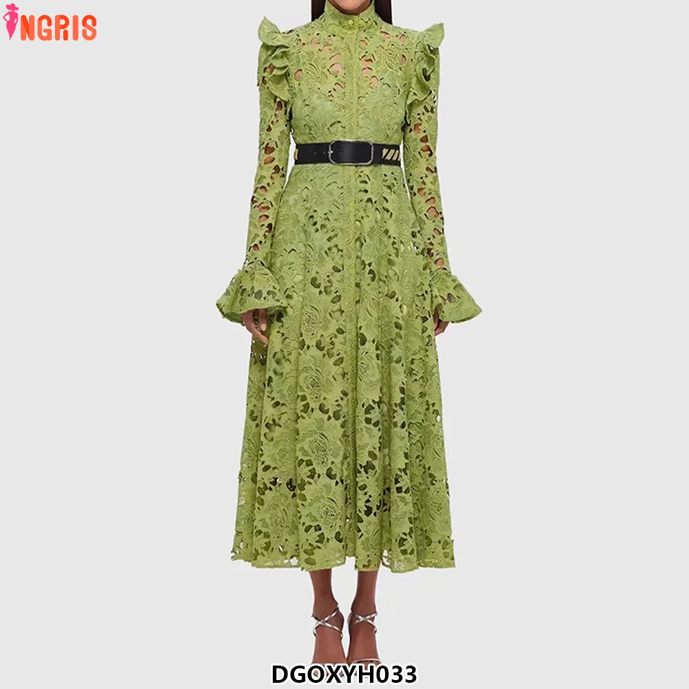 

Retro Style 2025 Autumn New Fashion Temperament Niche Design Hollow Lace Dress Long Women's Style-DGOXYH033